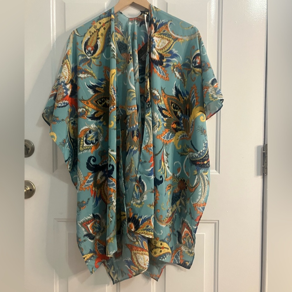 Imán-paisley-print kimono (teal, orange )